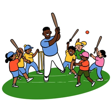 A famous cricketer with dark skin and short black hair, wearing a blue cricket jersey and white pants, is playing cricket with a group of children in a school playground. He is smiling and showing enthusiasm while encouraging the children to play. The children, of varying skin tones, are wearing colorful school uniforms and are joyfully participating in the game. Some are holding cricket bats, while others are ready to catch the ball. The playground has green grass and a clear blue sky in the background.