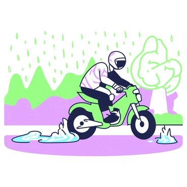 A motorcycle is sliding on a wet road, with the back wheel lifted slightly off the ground. The rider, wearing a helmet and protective gear, is leaning to the side in an attempt to regain balance. The road is glossy from the rain, reflecting light and creating a dynamic ambiance. Nearby, puddles are formed, showing ripples from the sliding motion. The rider's expression conveys concentration as they maneuver the handlebars, trying to regain control. There are blurred outlines of trees and roadside features in the background, creating a sense of speed and urgency.