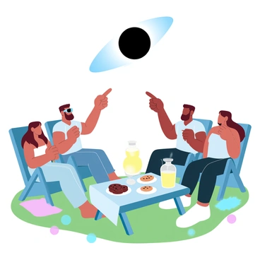 A group of friends is seated on lawn chairs in a backyard, surrounded by green grass and a few scattered colorful blankets. Each person is wearing casual, comfortable clothing suitable for an outdoor gathering. Some friends are holding solar eclipse glasses, while others are pointing upwards, excitedly discussing the event. A picnic table is set nearby, showcasing snacks like fruit and cookies, along with a large jug of lemonade. Overhead, the sky is gradually transitioning into darker hues as the eclipse begins, with the sun partially obscured by the moon, creating a captivating celestial scene.