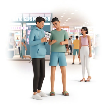 A group of three friends is standing in a brightly lit mall. One friend, wearing a blue hoodie, black jeans, and white sneakers, is holding a smartphone and showing the screen to the others. The phone displays “Refer-a-Friend Discount” in bold letters. The second friend, wearing a green t-shirt, denim shorts, and flip-flops, looks excited and leans in closer to see the phone. The third friend, dressed in a pink tank top and white leggings, stands slightly behind, smiling and observing the interaction. The background features various store signs and shoppers walking around, creating a bustling mall atmosphere.