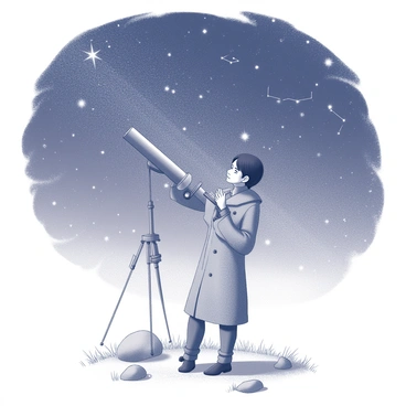 An astronomer stands in a field, looking through a telescope. The astronomer is dressed in a long coat and has a focused expression on their face. The telescope is mounted on a sturdy tripod, pointing up towards the night sky. Surrounding them are scattered rocks and patches of grass. Above, a multitude of stars twinkle against the dark expanse, and some constellations are clearly visible. The scene conveys a sense of wonder and exploration of the universe.