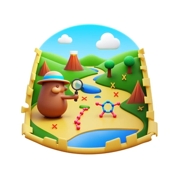 A treasure map featuring "a cute mole wearing a tiny explorer's hat" as the hero. The mole is "holding a magnifying glass" while navigating through a detailed landscape of "various chemical compounds" represented as colorful structures like "molecular models of benzene and glucose." The treasure map shows "landmarks such as a volcano, a waterfall, and an ancient tree," all marked with "X's" to indicate treasure spots. The scene is vibrant, with a clear sky and rolling hills in the background.