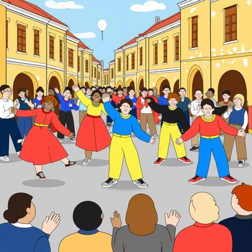 A cheerful group of dancers performing in a vibrant public square filled with people. The dancers are wearing colorful costumes, with bright reds, blues, and yellows, each showcasing different styles of dance. Some dancers are mid-leap, while others are striking dynamic poses, all radiating energy and enthusiasm. The onlookers, a diverse crowd of adults and children, are clapping and smiling, clearly enjoying the lively performance. In the background, decorative buildings with sunny facades frame the scene, creating a festive atmosphere. A few balloons and streamers are scattered around, adding to the celebratory vibe.