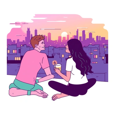 Two friends are sitting on a rooftop, overlooking a vibrant city skyline at sunset. They are both wearing matching teal bracelets that glimmer in the soft light. One friend, with short brown hair, leans back on his hands, a smile on his face as he gazes at the horizon. The other friend, with long black hair, sits cross-legged, holding a chilled drink topped with an orange slice. The skyline is filled with a mix of tall buildings and smaller structures, illuminated by the warm glow of the setting sun. The friends share a sense of camaraderie as they enjoy the view together.