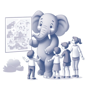 A friendly elephant mascot is standing upright on its hind legs, holding a large zoo map in its front trunk. The elephant has a gentle expression, with its ears flapping slightly as it engages with the family. The family consists of two adults and two children, gathered around the elephant, looking at the map with excitement. The children point eagerly at various attractions depicted on the map. In the background, there are stylized animal enclosures and leafy trees, creating an inviting atmosphere at the zoo.