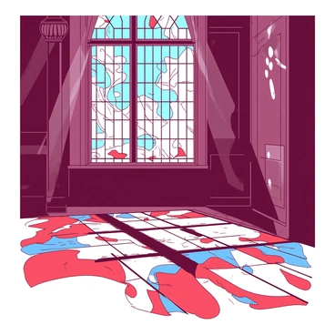 A large stained glass window is positioned in a grand room. The window features intricate designs in various shapes, showcasing vibrant patterns. Sunlight streams through the window, illuminating the glass and casting vivid patches of color across the floor. The colors blend and swirl together, creating a beautiful play of light in shades of red and blue on the wooden surface. The walls surrounding the window are adorned with subtle embellishments that complement the artistic display on the floor.
