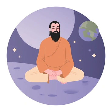 A guru sitting in the lotus position on the surface of the moon. The guru has a long, flowing beard and is adorned in a simple orange robe. His eyes are closed in meditation as he gazes at Earth, which is visible in the background, appearing as a vibrant blue-and-green sphere against the dark space. The lunar surface around him is gray and rocky, with small craters scattered throughout. A few stars twinkle in the vastness of space, and the moon's horizon curves gently in the distance. The scene captures a sense of peace and contemplation.