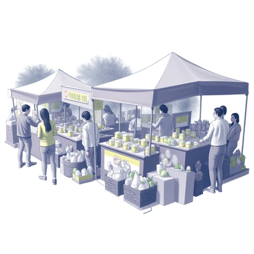 A bustling market scene filled with various vendors displaying an array of palm oil products and local goods. Stalls are set up with colorful signage and baskets filled with jars of palm oil, vegetables, and fruits. Shoppers are interacting with vendors, examining products, and negotiating prices. The atmosphere is lively with people moving around, some carrying bags filled with purchases. The market is surrounded by small buildings, with a few trees providing shade overhead.