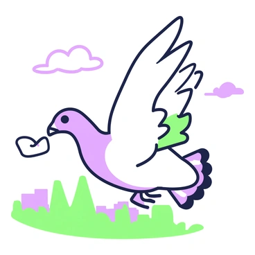A carrier pigeon is flying through the air, its wings extended wide. The bird has a sleek body with intricate feather details visible. Tied to its leg is a small letter, secured with a tiny string. The pigeon’s beak is slightly open, and its eyes are focused ahead. Below, a landscape of trees and buildings is visible in a blurred background, indicating motion. The sky is clear, with a few fluffy clouds drifting in the distance.