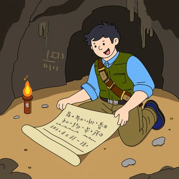A young adventurer with tousled black hair and bright brown eyes is kneeling on the ground inside a dark cave. He is wearing a rugged green vest over a blue shirt and cargo pants, with a utility belt that holds various tools. In his hands, he is carefully unrolling an ancient scroll that displays intricate, handwritten quadratic equations. Around him, the cave walls are decorated with faint markings and symbols. There are small stones scattered on the cave floor, and a soft glow from a nearby torch illuminates the scene, highlighting the adventurer’s excited expression as he discovers the scrolls. Above him, stalactites hang from the ceiling, adding to the mysterious atmosphere.