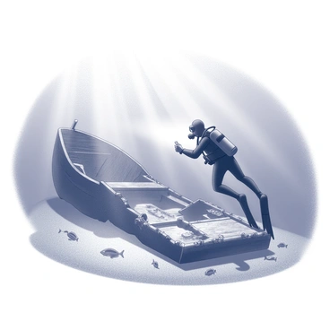 A scuba diver in full diving gear is positioned underwater, swimming near an ancient shipwreck that is partially buried in sand. The diver is holding a waterproof flashlight, illuminating intricate details of the ship’s structure, such as weathered wooden beams and barnacle-encrusted metal. Rays of sunlight penetrate the water above, creating a pattern of light and shadow that dances on the diver and the wreck. The surrounding water is clear, showcasing small fish swimming around the scene, adding to the sense of discovery and exploration.