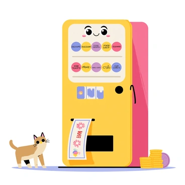 A quirky vending machine with bright, multicolored panels and a smiling face on its front. The machine has large, round buttons in various colors, each labeled with different types of coupons such as "Food Discounts," "Movie Tickets," and "Gift Cards." A small slot at the bottom is dispensing a colorful coupon that has playful graphics and bold text. The background features a simple floor with a few scattered coins and a curious cat watching the machine.