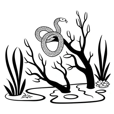 A snake coiled around multiple branches above a murky swamp. The branches are gnarled and covered in moss, extending over the water's surface. The snake's scales have intricate patterns and textures, blending into the surroundings. Ripples disturb the water, indicating movement beneath the surface. Tall reeds and lily pads are visible near the edges of the swamp, adding to the habitat's lushness. The overall scene conveys a sense of natural wildness.