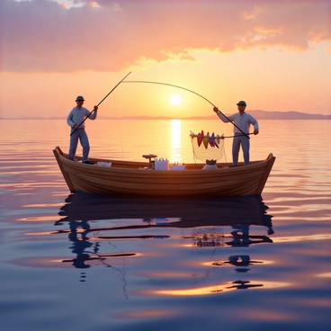 A small fishing boat made of wood is gently floating on a calm body of water at sunrise. The sky is painted with hues of orange, pink, and purple as the sun rises on the horizon. Two fishermen wearing light clothing and hats are actively working on the boat. One fisherman is casting a fishing line into the water, while the other is pulling in a net filled with colorful fish that are splashing. The water is reflecting the vibrant colors of the sunrise, creating a beautiful scene. The boat is equipped with fishing gear and small containers for storing the catch.