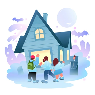 A group of three kids is standing outside a haunted house at twilight. The house has a tall, steep roof and wooden panels that are slightly weathered. Wisps of fog are creeping along the ground, and the sky is filled with gradient pastel colors of purples, pinks, and blues. The kids are dressed in colorful jackets, one wearing a red beanie and another with a green backpack. They are peering through an ornate, glowing window that emits a soft light. Around the house, there are whimsical decorations, such as friendly ghost figures and hanging bats. A large moon can be seen in the background, adding a magical atmosphere to the scene.
