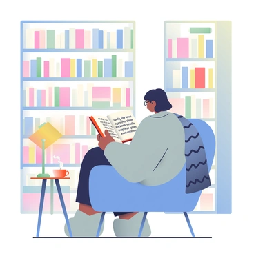 A person with short black hair is sitting in a cozy library corner, engrossed in reading a book written in a foreign language. They are wearing a soft gray sweater and glasses, with the open book resting on their lap. The corner is adorned with tall wooden shelves filled with various books, and a comfortable armchair is placed next to a small wooden side table. A warm light from a nearby lamp casts a soft glow, illuminating a steaming cup of tea placed on the table. A plush, knitted blanket is draped over the armchair, adding to the inviting atmosphere.