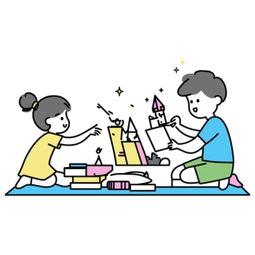 Two children, a boy and a girl, sitting on a colorful rug, flipping through an interactive storybook. The boy, wearing a blue t-shirt and green shorts, is lifting a pop-up element of a castle from the page. The girl, with pigtails and wearing a yellow dress, is pointing excitedly at a pop-up dragon that is emerging from the book. The storybook has vibrant illustrations, and scattered around them are several other books and toys.