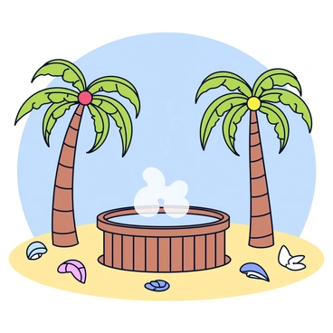 A hot tub on a beach surrounded by palm trees and seashells in the sand