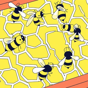 A close-up view of bees depositing nectar into a golden honeycomb structure. The honeycomb features hexagonal cells filled with a rich, glossy honey. Several bees are seen actively working, their wings slightly blurred to indicate motion. The background shows more honeycomb layers and the hive's wooden interior with a warm, natural finish.