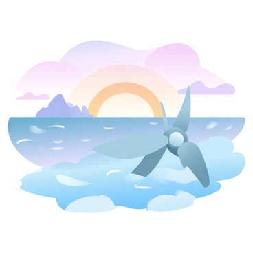 A coastal scene featuring tidal energy equipment with sleek turbine structures positioned in the foreground. The equipment is surrounded by gentle waves lapping against the shore. In the background, a vibrant sunset paints the sky in gradient pastel colors, transitioning from soft oranges to deep purples near the horizon. Silhouettes of distant cliffs can be seen under the colorful sky, completing the tranquil coastal view.