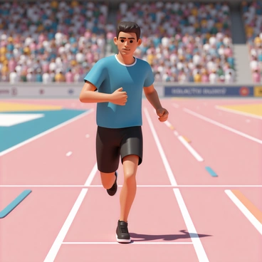 A male runner, wearing a blue athletic jersey and black shorts, is sprinting down a track with determination. His muscles are tensed, showcasing intense focus on the finish line ahead. The runner’s face displays a look of grit and perseverance. He is nearing the finish line, with the track marked by white lines and vibrant colors on the sides. In the background, a crowd is cheering, creating an energetic atmosphere. The sunlight casts shadows on the track, emphasizing the runner's speed and power.