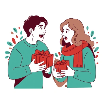 Two individuals are standing face to face, each holding a wrapped gift. One person, with dark hair and wearing a teal sweater, is gazing at the other with wide eyes and a beaming smile. The second person, with light brown hair, is wearing a red scarf, their mouth open in astonishment as they look at the gift they received. The background is filled with festive decorations, enhancing the atmosphere of joy and surprise in the exchange. The scene captures the heartfelt moment of giving and receiving gifts.