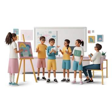 A group of five students stands in front of a classroom, presenting their art projects. One student, a girl with curly brown hair tied in a ponytail, holds a colorful painting on an easel, explaining her creative process. Another student, a boy with glasses, displays a sculpture made of clay, gesturing towards the intricate details. Two other students, a boy and a girl, showcase their collaborative project, which consists of a large poster with mixed media elements. The classroom has a variety of artworks hanging on the walls, and a teacher sits at a desk, observing and taking notes as the students engage in the critique. The atmosphere reflects a sense of focus and creativity, with students actively participating in the discussion.