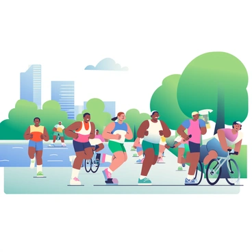 A group of joggers and cyclists are actively enjoying a morning run along the Brisbane River. The joggers, varying in gender and ethnicity, are wearing bright-colored athletic wear, such as red, blue, and green outfits. They are spread out along the path, with some wearing headphones, and their expressions show determination and enjoyment. Cyclists in sleek gear are riding alongside them, some on road bikes and others on mountain bikes. The river flows calmly beside them, reflecting the soft morning light, and there are lush green trees lining the pathway, providing shade. In the background, modern buildings can be seen peeking through the foliage, while a clear blue sky adds to the serene atmosphere of the scene.