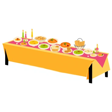 A long wooden table is set up, beautifully adorned with a vibrant tablecloth in rich colors. A lavish spread of traditional Indian dishes is arranged in elegant serving bowls. There are colorful curries in shades of orange and green, fragrant rice dishes garnished with herbs, and a variety of naan breads stacked in a basket. Small plates are filled with appetizers like samosas and pakoras, each carefully placed. Brightly colored mango chutney and raita are served in small bowls. Flowers and candles are arranged down the center of the table, adding to the festive atmosphere for the wedding guests.