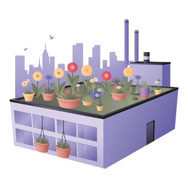 A lush garden blooming on a factory rooftop. The garden features vibrant flowers in various colors, including red, yellow, and blue, with green leaves surrounding them. There are several small potted plants and hanging planters filled with herbs and succulent plants. In the background, a city skyline is visible, showcasing tall buildings and skyscrapers against a clear blue sky. The factory structure has a gray exterior, with exhaust pipes and large windows, and the rooftop garden contrasts with the industrial setting. A few birds can be seen flying above the skyline, adding life to the scene.