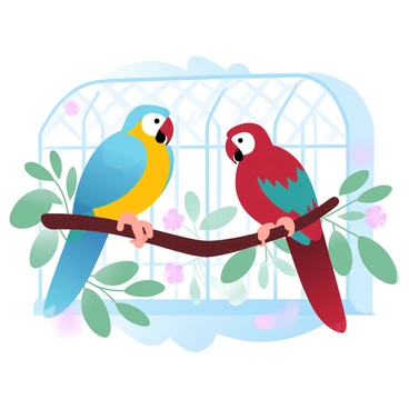A pair of exotic birds with vibrant plumage is perched on a branch inside an aviary. One bird is predominantly turquoise with striking yellow under the wings, while the other is a rich crimson with hints of emerald green in its feathers. The branches are surrounded by lush, green leaves, and the aviary has a subtle lattice structure in the background. A few delicate flowers are blooming among the foliage, adding a splash of color to the scene. Soft, gradient pastel colors envelop the entire illustration.