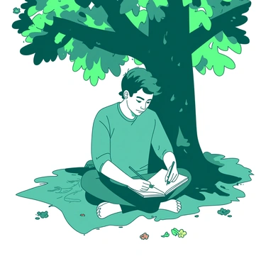 A teal Martin Eden is sitting cross-legged under a large, leafy tree. He has a focused expression as he sketches in a white notebook with a pencil. Sunlight filters through the green leaves, casting dappled shadows on the ground around him. Scattered around are various natural elements, including small flowers and twigs. In the background, hints of vibrant colors suggest the beauty of the nature surrounding him, creating an atmosphere of inspiration.