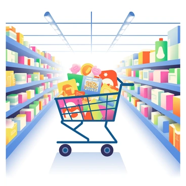 A filled shopping cart is positioned in the center of a store aisle. The cart is overflowing with various wholesale products, including colorful boxes of cereal, large containers of snacks, and bottles of cleaning supplies. The aisle is lined with shelves stocked with neatly arranged items, showcasing an assortment of colorful packaging. Bright overhead lights illuminate the scene, highlighting the vibrant colors of the products in the cart and on the shelves. The floor has a glossy finish, reflecting the light and adding to the vibrant atmosphere of the store.