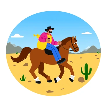 A masked bandit wearing a dark hat and a bandana is riding a brown horse across a vast desert landscape. The horse's mane flows in the breeze as it gallops over the sandy terrain dotted with sparse cacti and rugged rocks. The bandit holds a large, bulging sack of loot in one arm, its contents spilling slightly over the top. In the background, a bright blue sky contrasts with the golden sands of the desert, and distant mountains can be seen rising on the horizon.