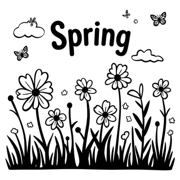 A lush meadow filled with various wildflowers, each differing in size and shape, scattered throughout the scene. Butterflies of different species flutter above the flowers, some landing delicately on the petals. In the background, a bright spring sky is visible, with minimal cloud coverage, allowing sunlight to illuminate the entire landscape. The grass is tall and sways gently, creating a sense of movement throughout the meadow. “Spring” is written in a whimsical font floating above the scene.