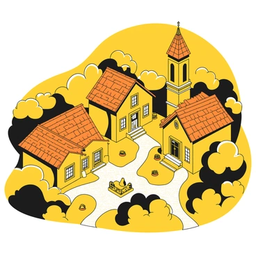 An aerial perspective capturing a quaint European village with houses featuring yellow facades and red-tiled roofs. The village is nestled among lush green hills and winding paths lead between the homes. There are small gardens with neatly trimmed hedges adjacent to the houses. A church steeple rises in the center with a bell tower, and a cobblestone square is visible with people walking around. Trees are scattered throughout the village, providing shade and enhancing the scenery.