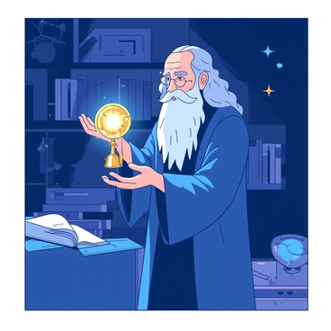 A gray-haired wizard wearing a long blue robe is standing in a dimly lit room, holding a shiny gold Time-Turner delicately in his hands. The Time-Turner is glimmering with a bright light, capturing the wizard's attention. The wizard's expression is thoughtful as he gazes at the Time-Turner, with his other hand gently stroking his beard. In the background, there are scattered books and magical artifacts that hint at the mysteries of time. The atmosphere suggests a sense of intrigue and curiosity surrounding the Time-Turner.