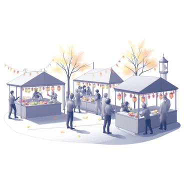 A bustling autumn festival taking place in an open area. There are several stalls adorned with various goods, including food and handmade crafts. Each stall is surrounded by colorful leaf garlands that hang from above, creating a festive atmosphere. Lanterns are hanging from branches and posts, providing soft illumination. The ground is covered with fallen leaves, and people are seen interacting, enjoying the festivities and browsing the stalls. The scene conveys a sense of community and celebration.