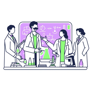 A group of scientists in white coats is gathered in a laboratory. They are engaged in discussion with a man with a prominent mustache, who stands at the forefront. The laboratory is filled with various scientific instruments and equipment, including beakers, test tubes, and a microscope on a workbench. There is a large chalkboard in the background covered with complex formulas and diagrams. On a table, several open books and papers are scattered, suggesting an atmosphere of intense research. The scientists are of diverse backgrounds, including men and women, each contributing to the vibrant exchange of ideas.