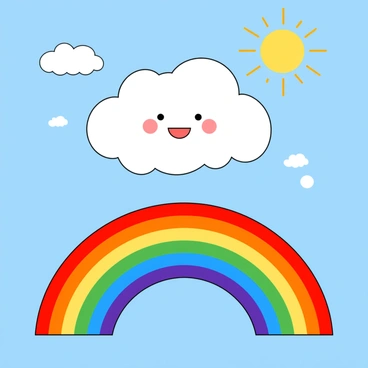 A cute cloud with a rainbow arcing from it across a sunny sky