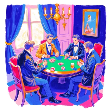 A group of four Victorian-era gentlemen is seated around a round wooden table covered with a green felt tablecloth. Each gentleman is dressed in classic attire, including waistcoats, bow ties, and frock coats. The dimly lit parlor features heavy drapes, a brass chandelier, and ornate wallpaper. One gentleman is holding a hand of cards, while another is leaning forward with an intrigued expression. A stack of poker chips sits in the center of the table, alongside a couple of glasses filled with whiskey. Shadows cast by the flickering candlelight create a dramatic atmosphere.