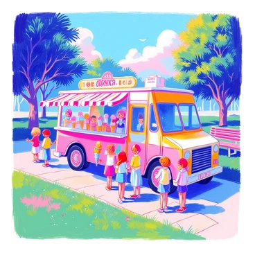 An ice cream truck is parked on a grassy area in a park. The truck is decorated with bright colors, showcasing images of various ice cream flavors and popsicles. Children are gathered around the truck, eagerly waiting in line with wide smiles. Some children are holding colorful cones filled with ice cream, while others are looking up at the truck with excitement. In the background, there are trees casting shade and a few park benches. A sunny sky is visible, creating a cheerful atmosphere.