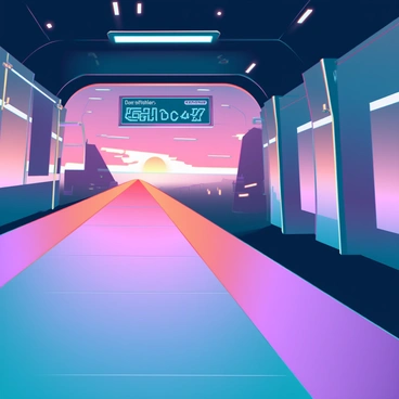 The scene depicts an empty subway platform bathed in the soft glow of the first light of sunrise. The platform features sleek, metallic walls and a smooth concrete floor, reflecting the golden hues of the sunrise. Long shadows stretch across the platform from the overhead lights as the sun begins to rise on the horizon. A digital display board shows the next train arrival time, flickering gently in the morning light. In the background, the silhouette of the subway entrance is visible, framed by the vibrant colors of the sky transitioning from dark blue to warm orange and pink.