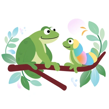 A frog with vibrant green skin is perched on a leafy branch. The frog has large, bulging eyes and sits in a relaxed position, facing a colorful caterpillar. The caterpillar is adorned with bright shades of blue, yellow, and orange segments and is inching closer to the frog. Surrounding them are lush green leaves, adding to the natural setting. Sunlight filters through the branches, casting a warm glow on the scene.