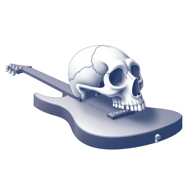 A cat skull is positioned atop an electric guitar. The skull is detailed, showcasing the intricate features such as the eye sockets and dental structure. The guitar, with a sleek and modern design, includes visible strings and frets. The neck of the guitar extends prominently, creating a contrasting element with the skull. Shadows and highlights play over the surfaces, enhancing the textures of both the skull and the guitar, emphasizing the theme of blending music and macabre.