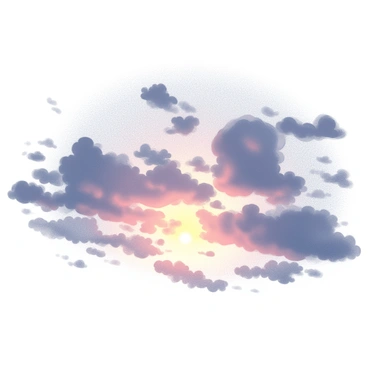 A sky densely populated with various cloud shapes ranging from fluffy cumulus to wispy cirrus. The clouds are layered and scattered across the expanse of the sky, creating an intricate tapestry. A vibrant sunset is taking place, with the sun positioned low on the horizon, casting dramatic shadows and highlighting the edges of the clouds. The colors of the sunset transition smoothly, providing depth to the scene. Some clouds appear thicker, while others are more delicate, contributing to a dynamic interplay of light and form.