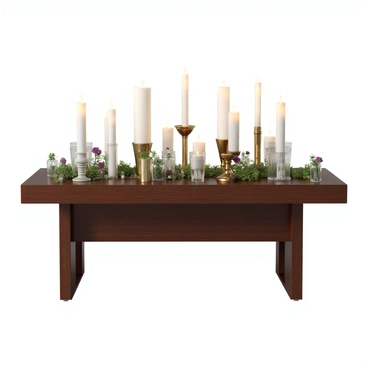 A wooden dining table with a rich, dark finish, set with an elegant arrangement of candles in varying heights. The candles are made of white wax and are placed in decorative holders of different designs. Some holders are glass, allowing the light to flicker softly, while others are metallic, reflecting the glow of the flames. Surrounding the candles are small, fresh flowers arranged in delicate vases, adding a touch of color. The overall setting creates a warm and inviting atmosphere, suitable for an intimate dinner.