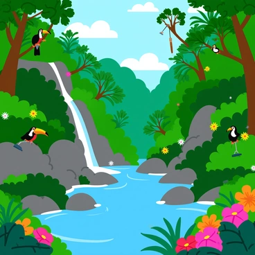 A dense, green rainforest filled with a variety of tall trees and lush undergrowth. Brightly colored flowers and vibrant foliage create a rich tapestry of colors. A waterfall cascades down rocky cliffs, splashing into a clear pool below. Birds with vivid plumage, such as toucans and parrots, can be seen perched among the branches. Small mammals, like monkeys, swing playfully from tree to tree. The scene captures the lively essence of a diverse ecosystem, teeming with life.