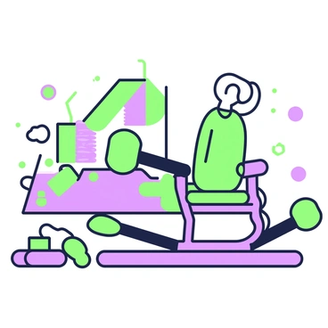 A child-sized seated row machine is positioned in a colorful play gym designed for kids. The machine features bright green handles and a purple frame, with adjustable seating to accommodate children of different heights. Surrounding the machine are vibrant play mats in various shapes, along with soft, cushioned blocks and toys. In the background, a climbing structure made of green and purple elements is visible, complete with slides and small obstacles. Brightly colored balls are scattered around the area, inviting children to play and explore.