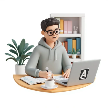 A student, wearing glasses and a gray hoodie, is sitting at a wooden desk. On the desk, there is a silver laptop open, displaying a video call interface for an online class. The student has a notebook filled with handwritten notes and a black pen beside it. A steaming cup of coffee sits on the edge of the desk, with a small saucer underneath it. The background features a bookshelf filled with colorful books and a potted plant in the corner, creating a cozy study atmosphere.